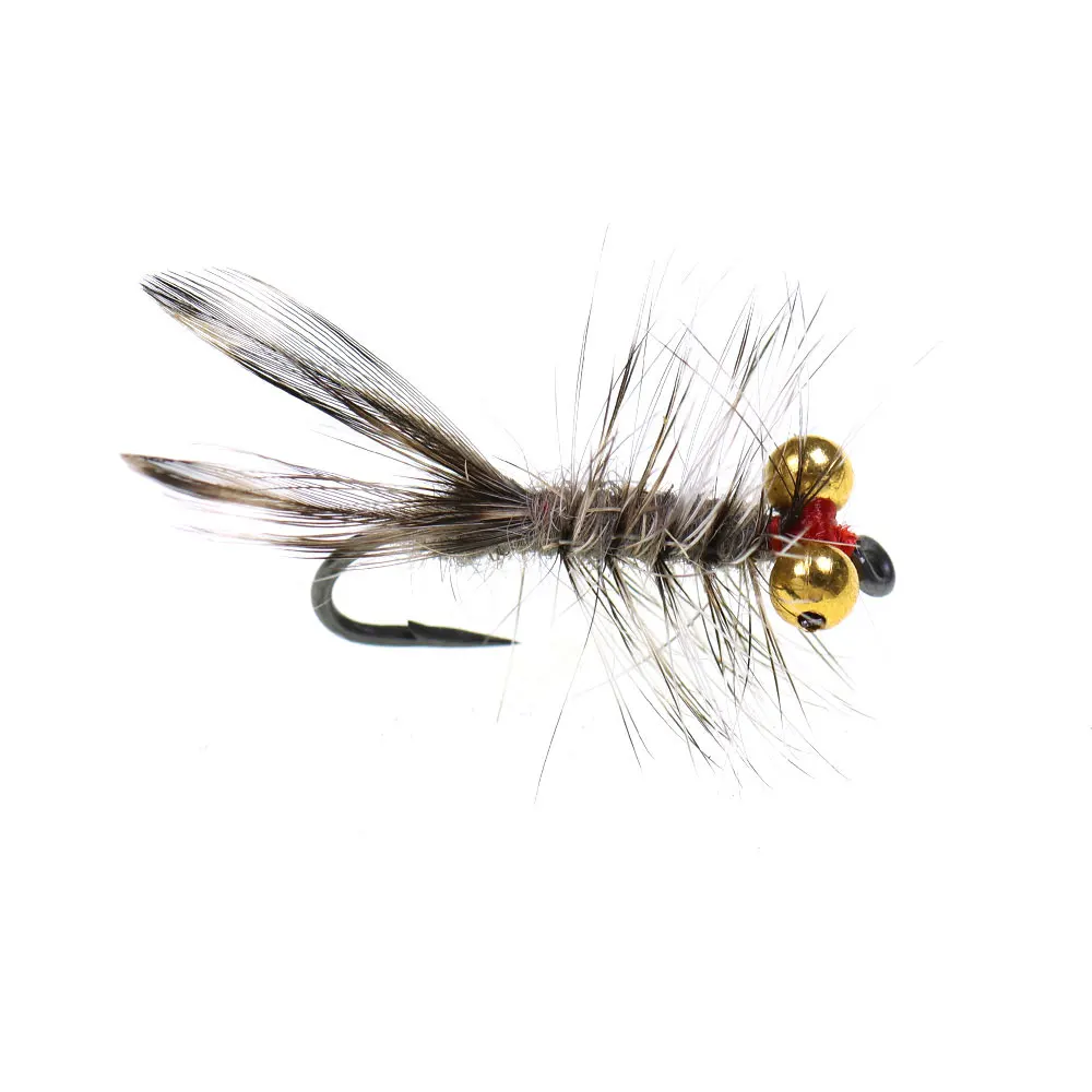 Bimoo 6PCS 10 #   Grizzly Artificial Hackle moscas húmedas cadena cuentas cabeza ojos Damselfly Ninfa para trucha Grayling lubina Señuelos de pesca - imagen 5