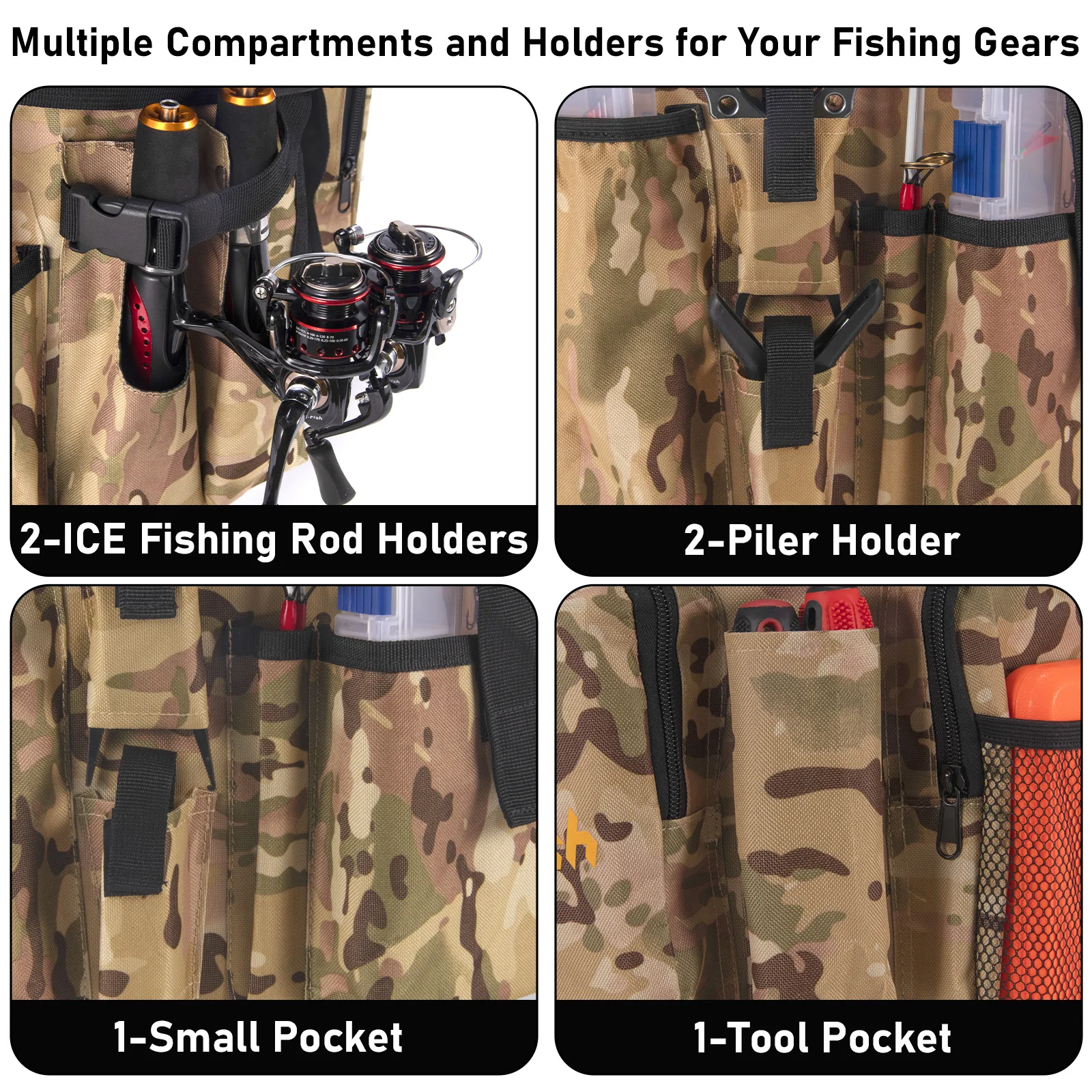 Organizador de cubo de pesca para cubo de 5 galones, bolsa de aparejos de pesca en hielo ajustable, soporte para caña de almacenamiento y alicates, multibolsillo - imagen 5