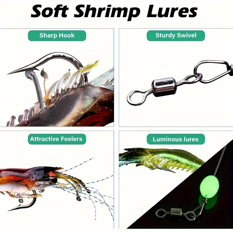 3 unids/lote de señuelo suave de camarón luminoso, brillo de pesca hundido con anzuelos de pesca y cuentas brillantes giratorias, cebo Artificial, aparejos de gusano falso - imagen 4