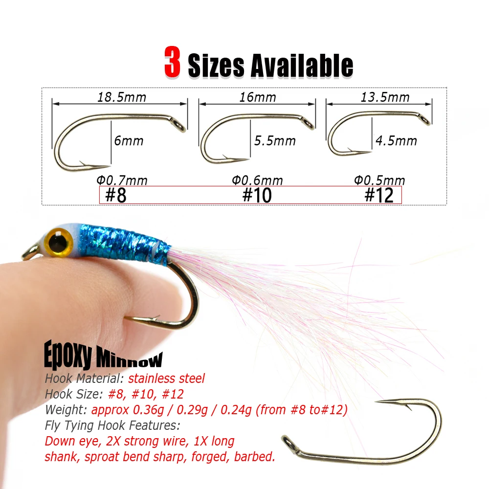 Bimoo, 6 uds., ojos de pez 3D, doblebado de hielo blanco, serpentinas de pececillo epoxi, mosca para lubina, trucha, agua de mar, pesca de agua dulce, moscas, cebos de señuelo - imagen 3