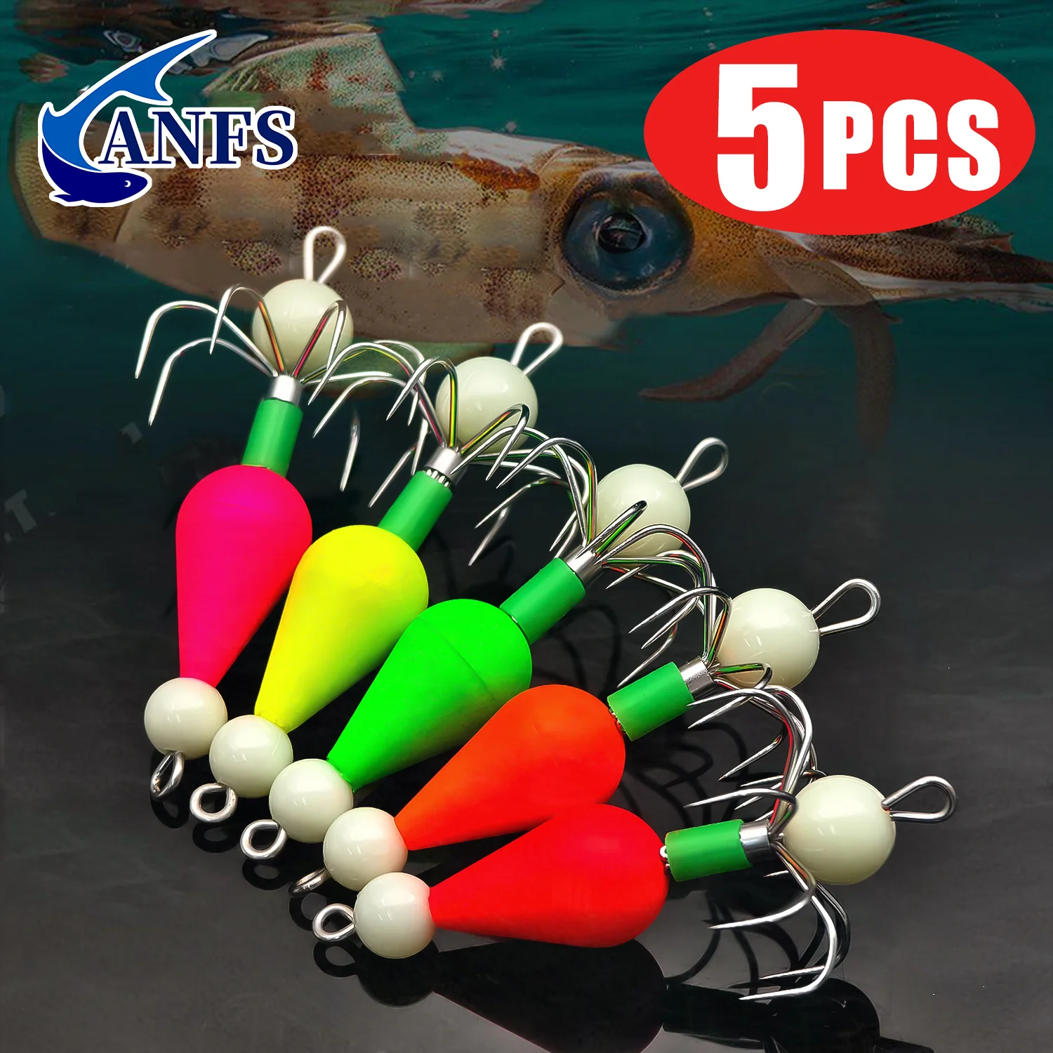 ANFS 5 uds cebo con anzuelo de calamar brillante nocturno con anzuelo afilado de acero inoxidable- Ideal para pesca nocturna, regalo de pesca perfecto para pescador