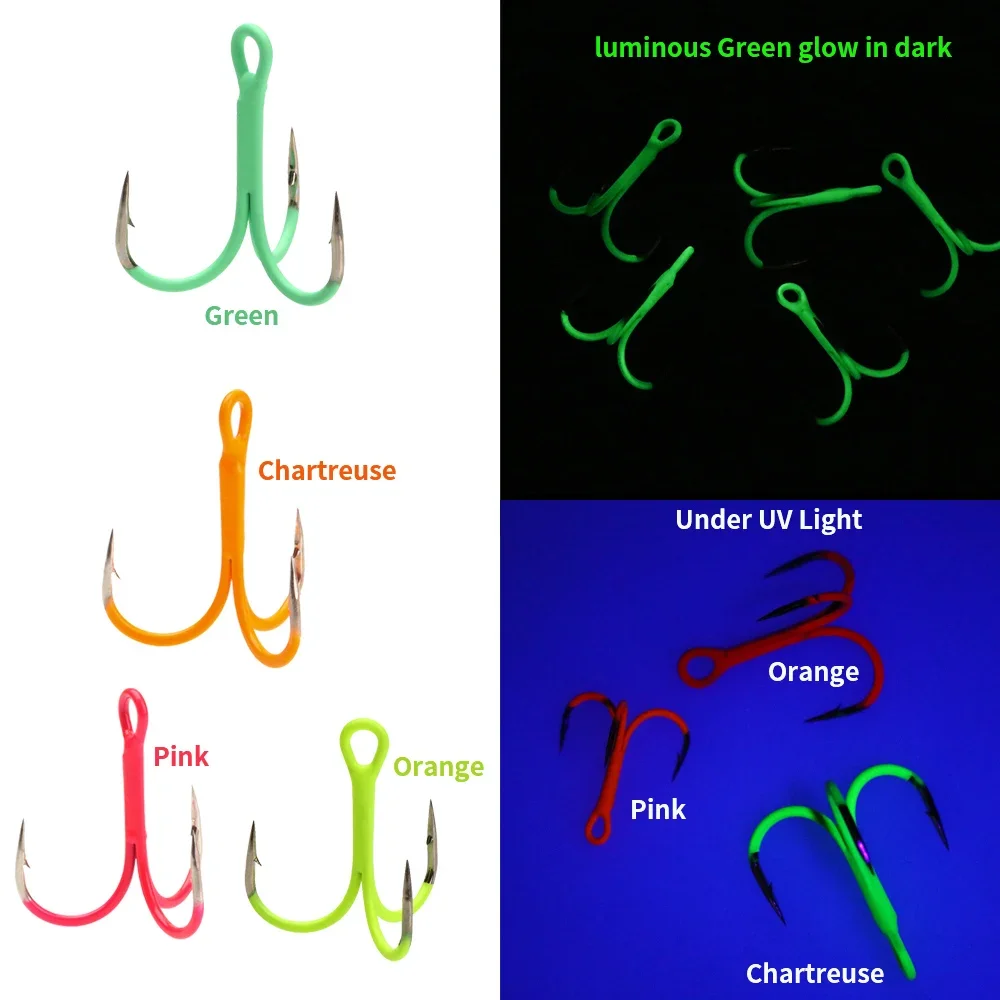 ICERIO 5/10 piezas 14 # -3/0 #   Anzuelos triples en línea doblados redondos fluorescentes/luminosos, señuelo de pesca de agua dulce y salada, anzuelo Triple - imagen 5