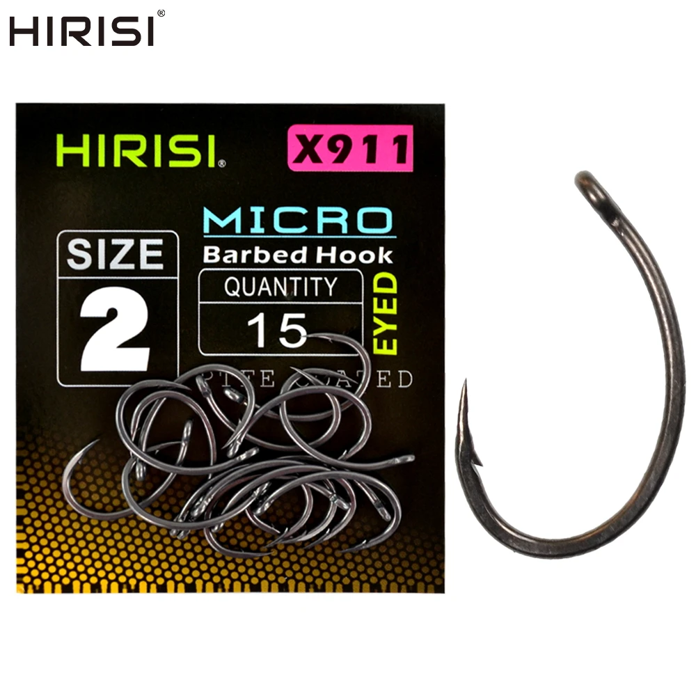 Hirisi 15 Uds Micro púas recubiertas de PTFE anzuelo de acero rico en carbono con ojo accesorios de pesca de carpa X911