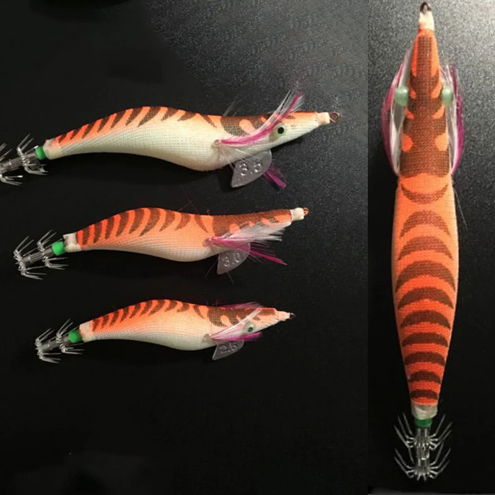 Señuelo de pesca, señuelos de camarones de madera, cebo duro de calamar luminoso, ojos 3D, anzuelo de calamar para pesca en el mar - imagen 4