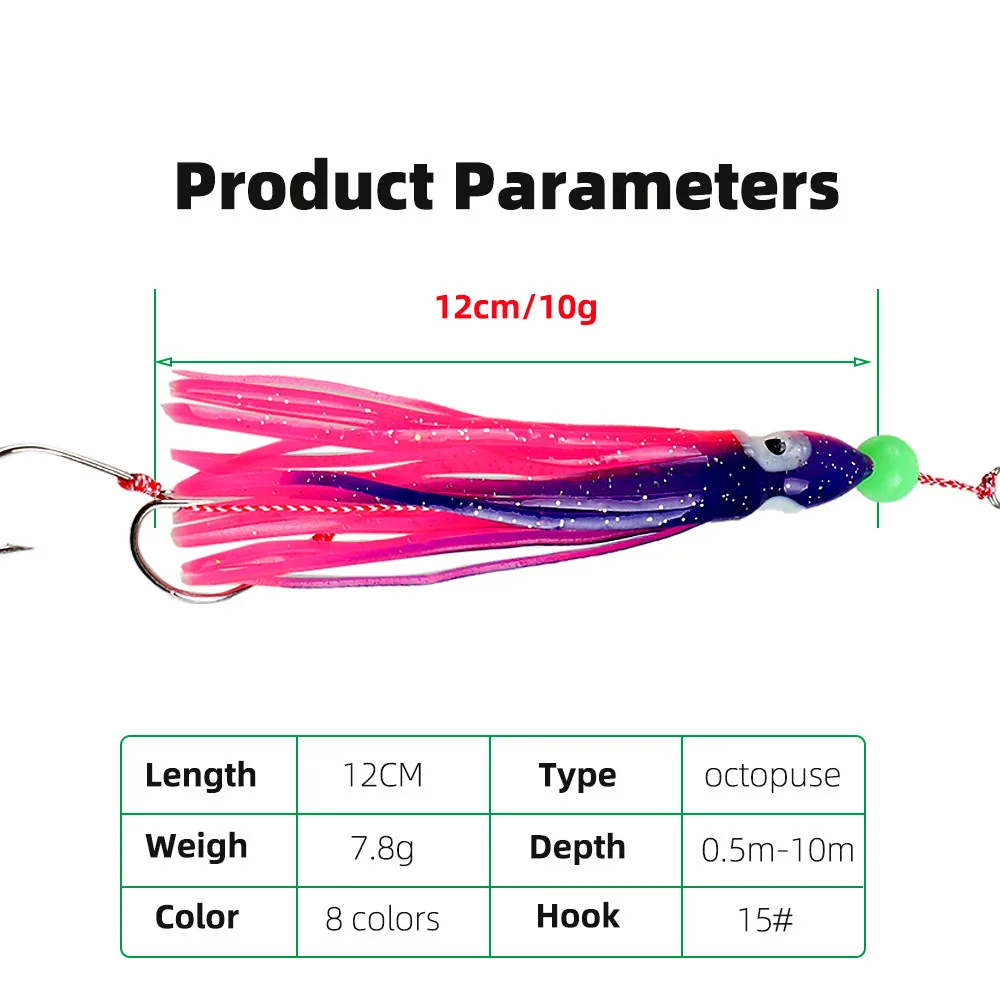 Señuelo de plantilla de calamar para pesca de piezas, cebo de 12cm/7,8g con doble gancho, falda de pulpo, señuelo de pesca suave - imagen 3