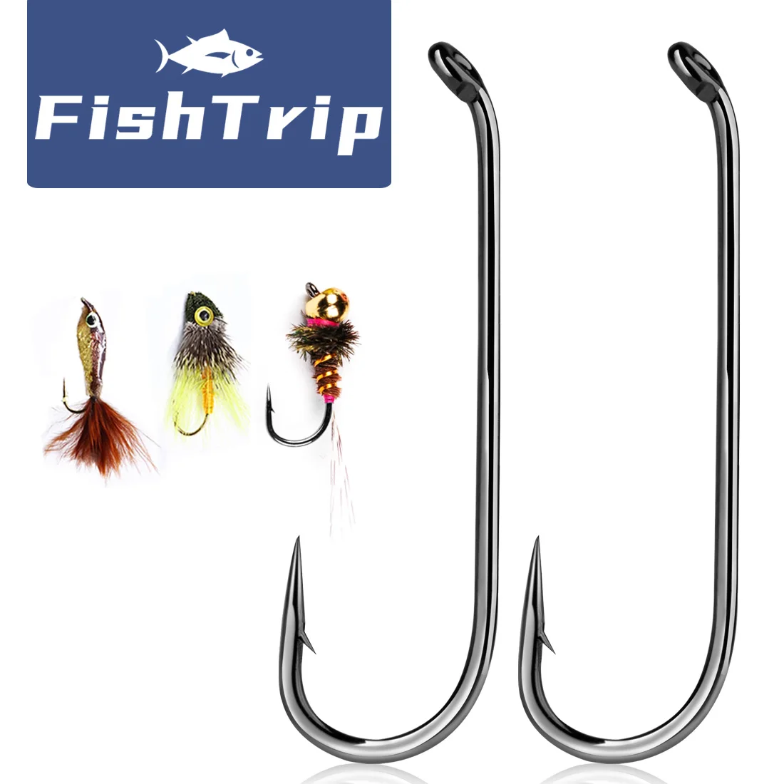 FishTrip-anzuelo para moscas secas, 50-200 Uds., anzuelo de pesca con forma de ojo, 1 gancho para atar moscas de vástago largo, anzuelo para trucha curvado redondo de acero rico en carbono
