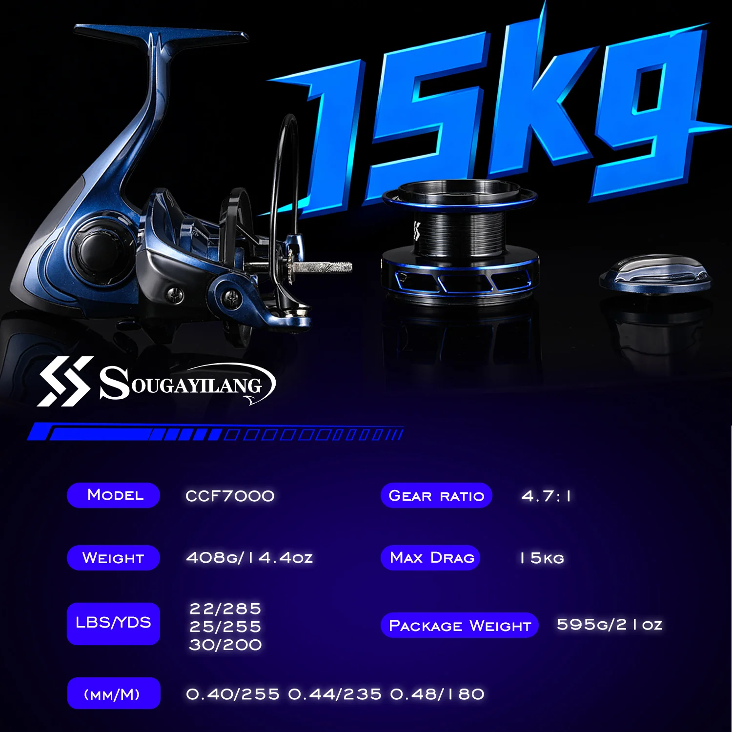 Carrete de Pesca Sougayilang 7000, Totalmente Metálico, Arrastre Máximo de 15 kg, Carrete de Pesca de Carpa, Potente para Pesca de Carpa en Agua Dulce, Trolling y Surfcasting - imagen 3