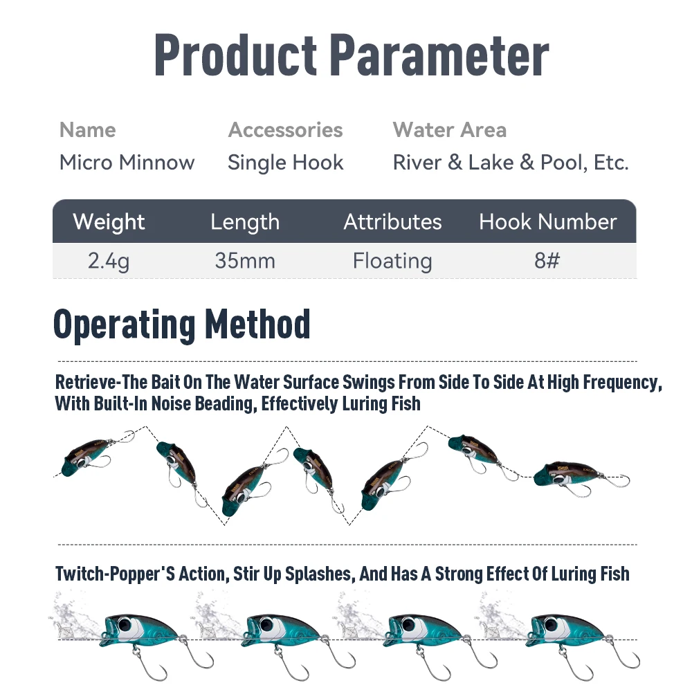 Señuelo de pesca KINGDOM Micro Minnow Popper 2,4g 35mm Wobbler cebo duro Artificial flotante Popper accesorios de pesca aparejos - imagen 4