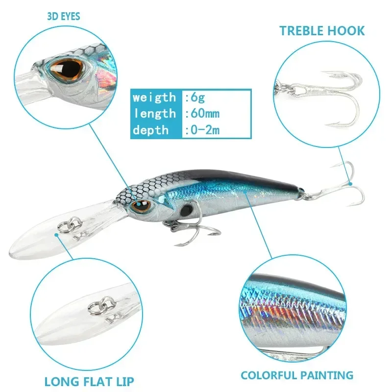 Señuelo de pesca de 90mm y 6g, pececillo de labio largo, Wobbler, buceo profundo, flotante, Jerkbait Swimbait, cebo duro Artificial, cebo para trucha y lubina - imagen 3