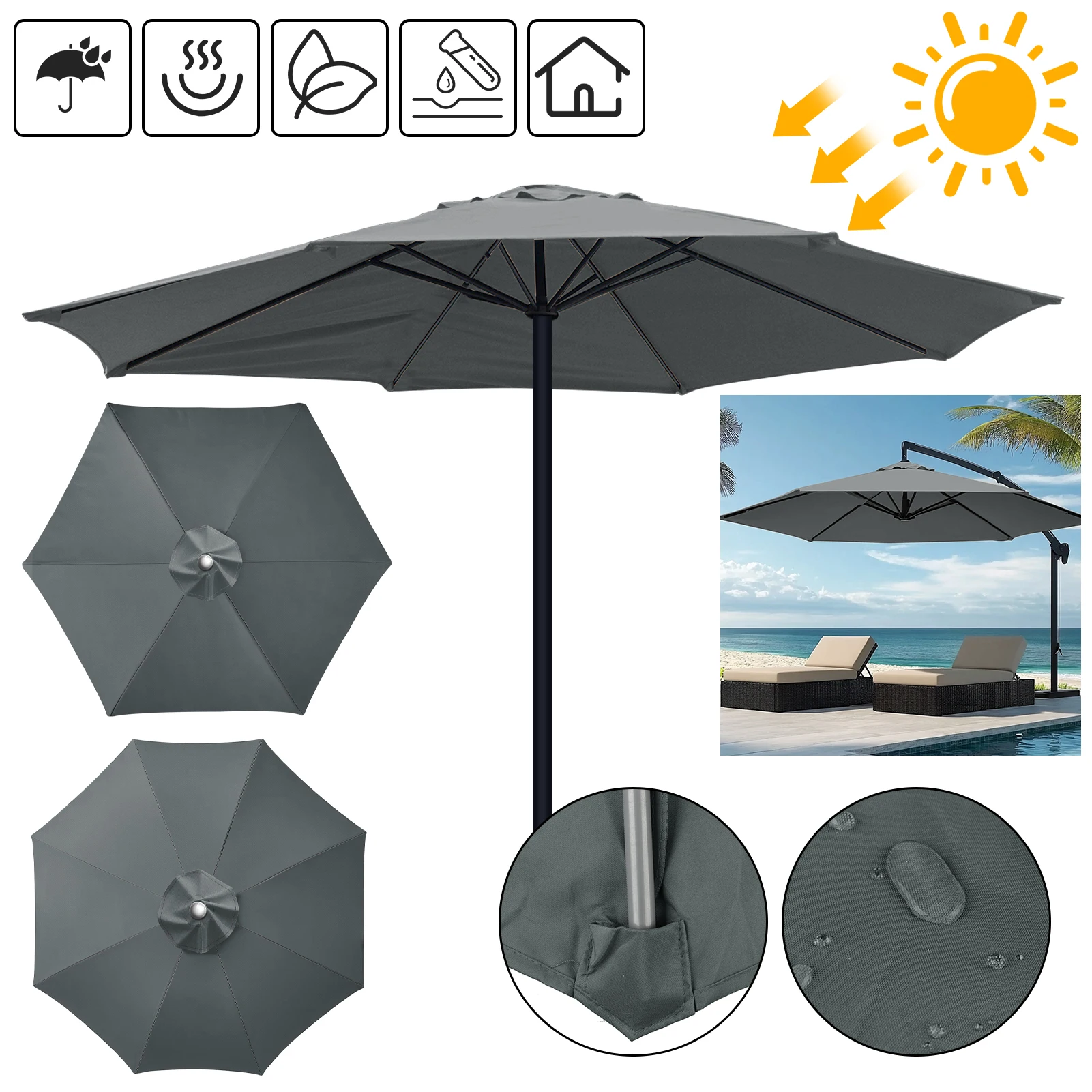 Toldo de Repuesto para Sombrilla de 6/8 Varillas, Impermeable, Resistente a la Intemperie, Anti-UV, Cubierta de Repuesto para Sombrilla de Patio Grande - imagen 2