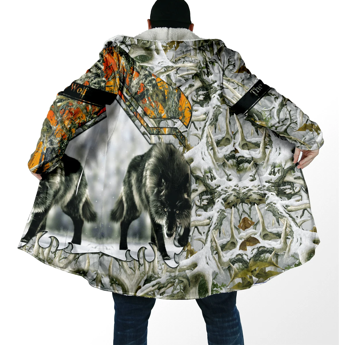 2025 capa de moda de invierno para hombre, capa con capucha de lana gruesa con estampado de animales de lobo nativo en 3D, capa cálida informal Unisex BB106 - imagen 4