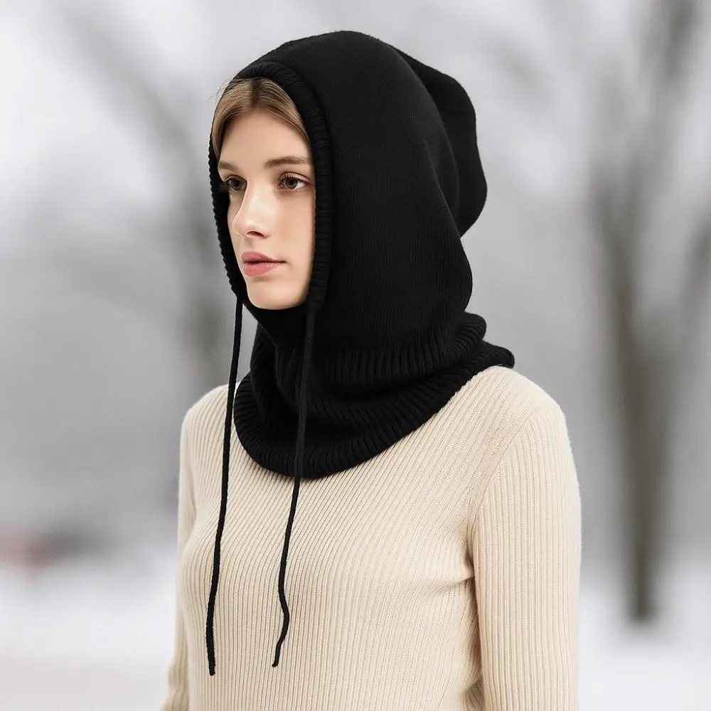 Gorro de pasamontañas tejido para invierno, gorro con cordón, bufanda, jersey de doble uso, gorro con capucha para cabeza a prueba de viento para hombres y mujeres - imagen 4