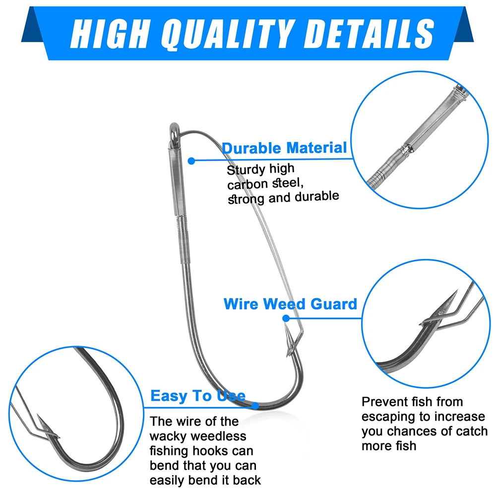 50 Uds. Anzuelos de aparejo loco sin malezas, Kit de anzuelos de pesca de lubina, anzuelos de gusano de espacio ancho de acero rico en carbono para aparejos locos, cebos blandos - imagen 3