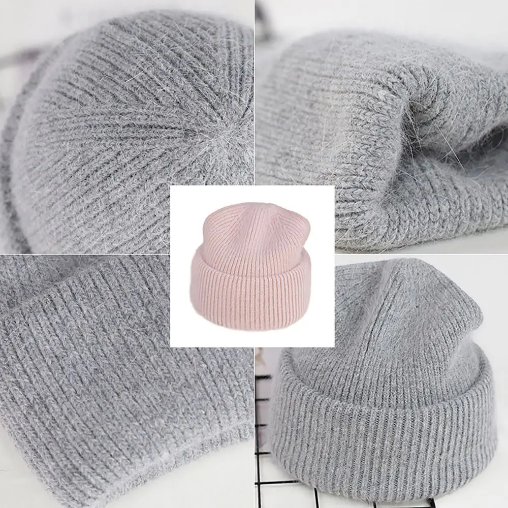 Gorros de invierno de piel de conejo para mujer, gorro cómodo de colores sólidos, jersey de tres pliegues, gorro suave a prueba de viento, gorra para mujer y Niña - imagen 2