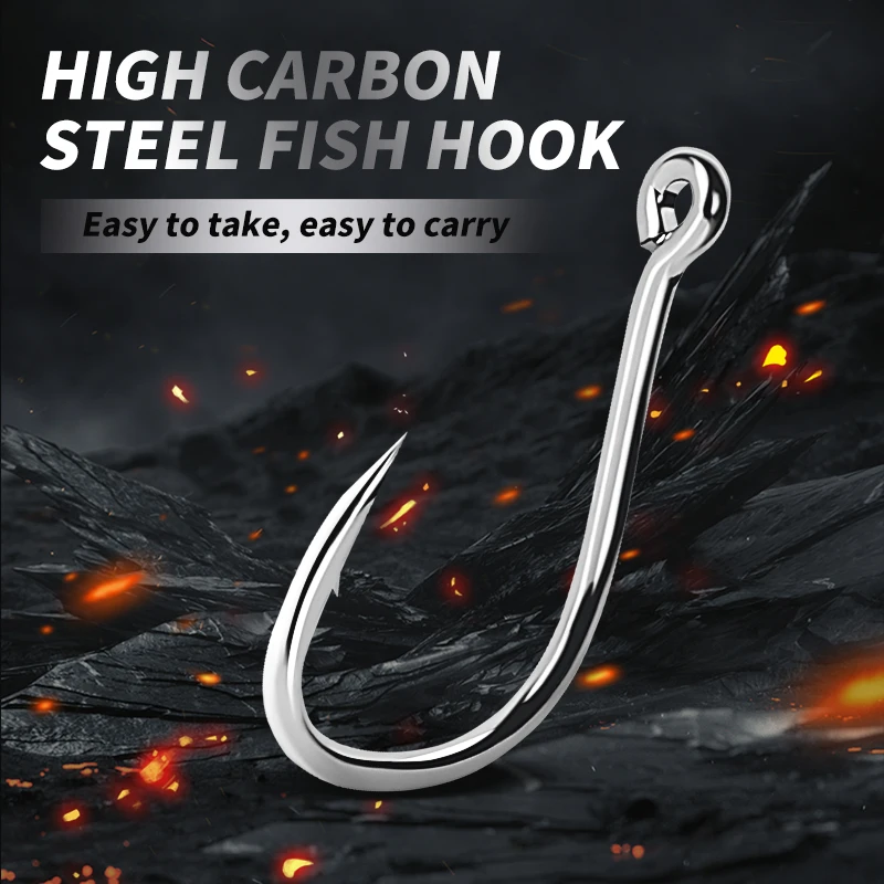 Juego de anzuelos de pesca, caja de 100 Uds., serie 10, anzuelo de pesca de un solo círculo de acero rico en carbono, pesca con mosca, anzuelos de carpa con púas Jip - imagen 5