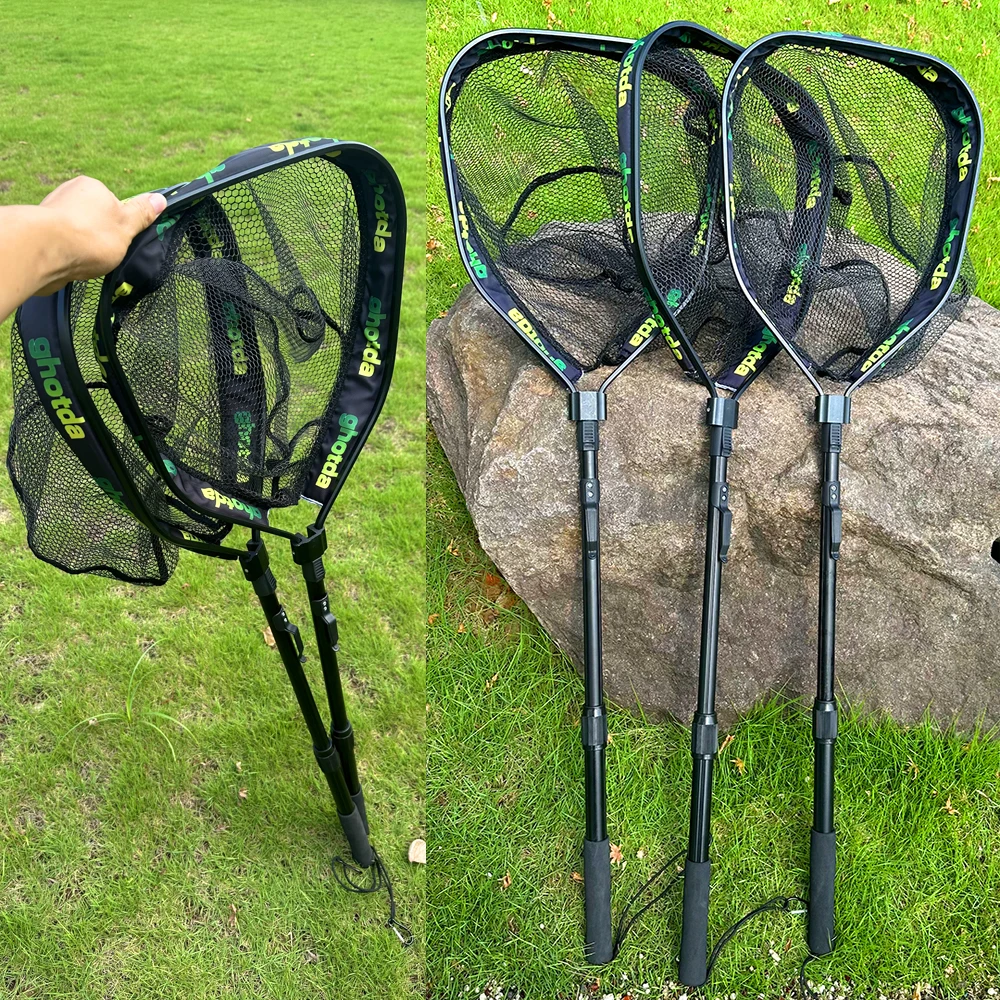 Red de pesca flotante, red de aterrizaje plegable, fácil captura y liberación con poste telescópico, red de pesca recubierta de goma para sal/agua dulce