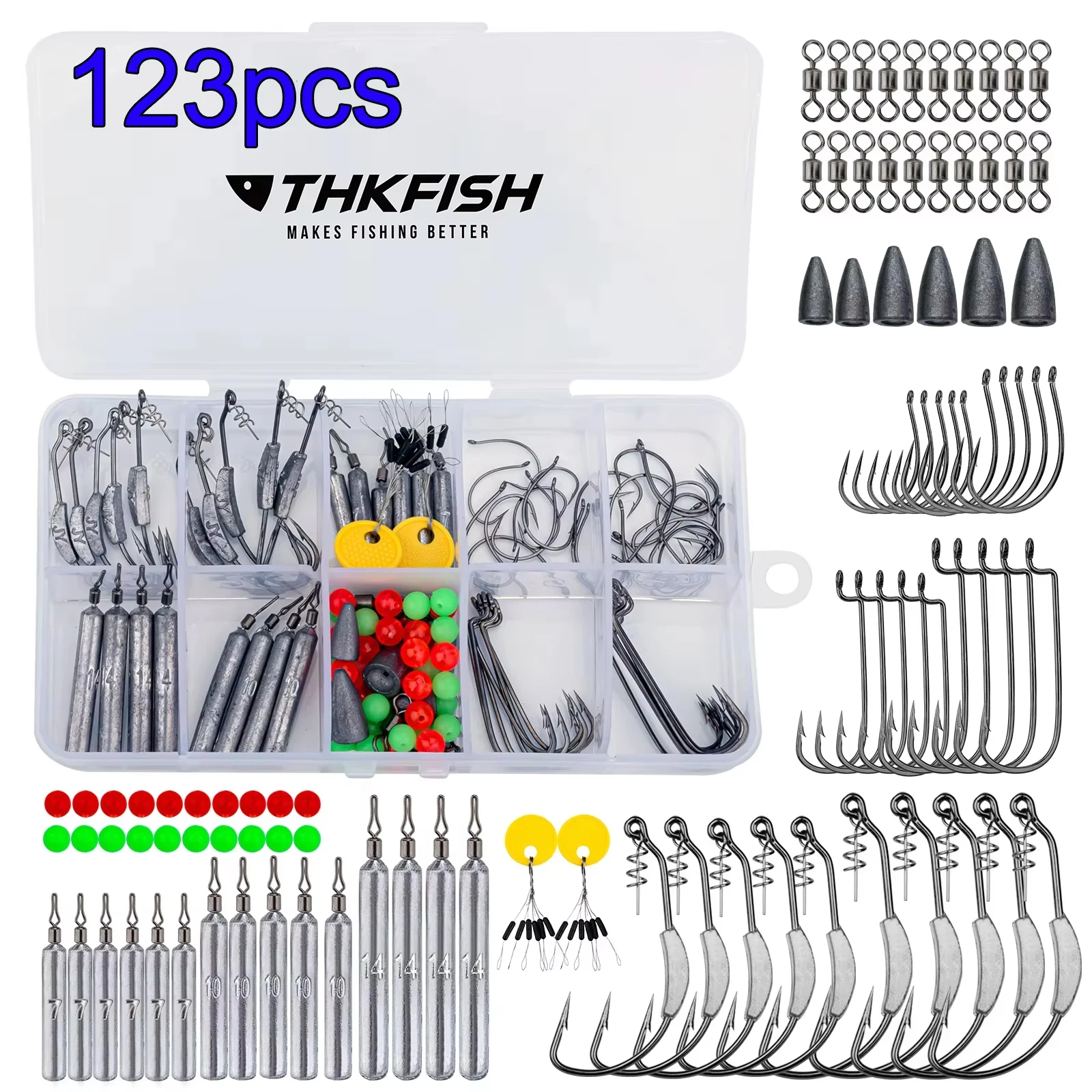 THKFISH 123 unids/caja Kit de aparejos de pesca para Texas Rig Carolina Rigs Drop Shot Rig 7g 10g 14g plomos de pesca anzuelos locos conjunto de cuentas