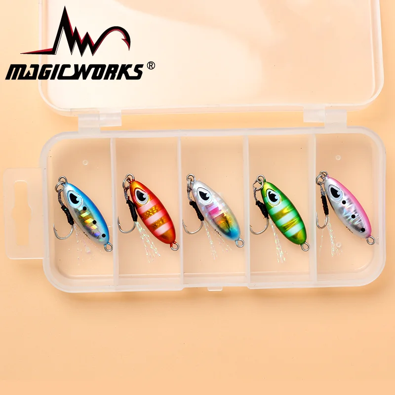 MAGIC WORKS Fishing Supplies, nuevo Kit de cebo Artificial, plantilla de Metal, juegos de Señuelos de Pesca en el mar, caja de señuelos de pesca, 7g, 10g, 15g, 5 unids/lote por caja - imagen 5