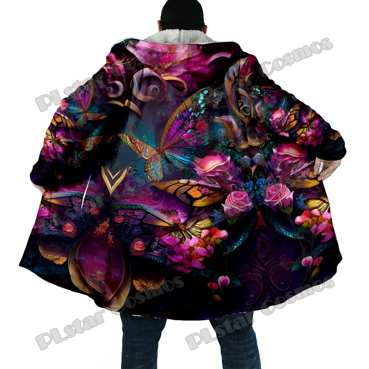 Capa con capucha de lana gruesa estampada en 3D para hombre, abrigo cálido informal Unisex, mariposa y flores, moda de invierno, DP42 - imagen 5