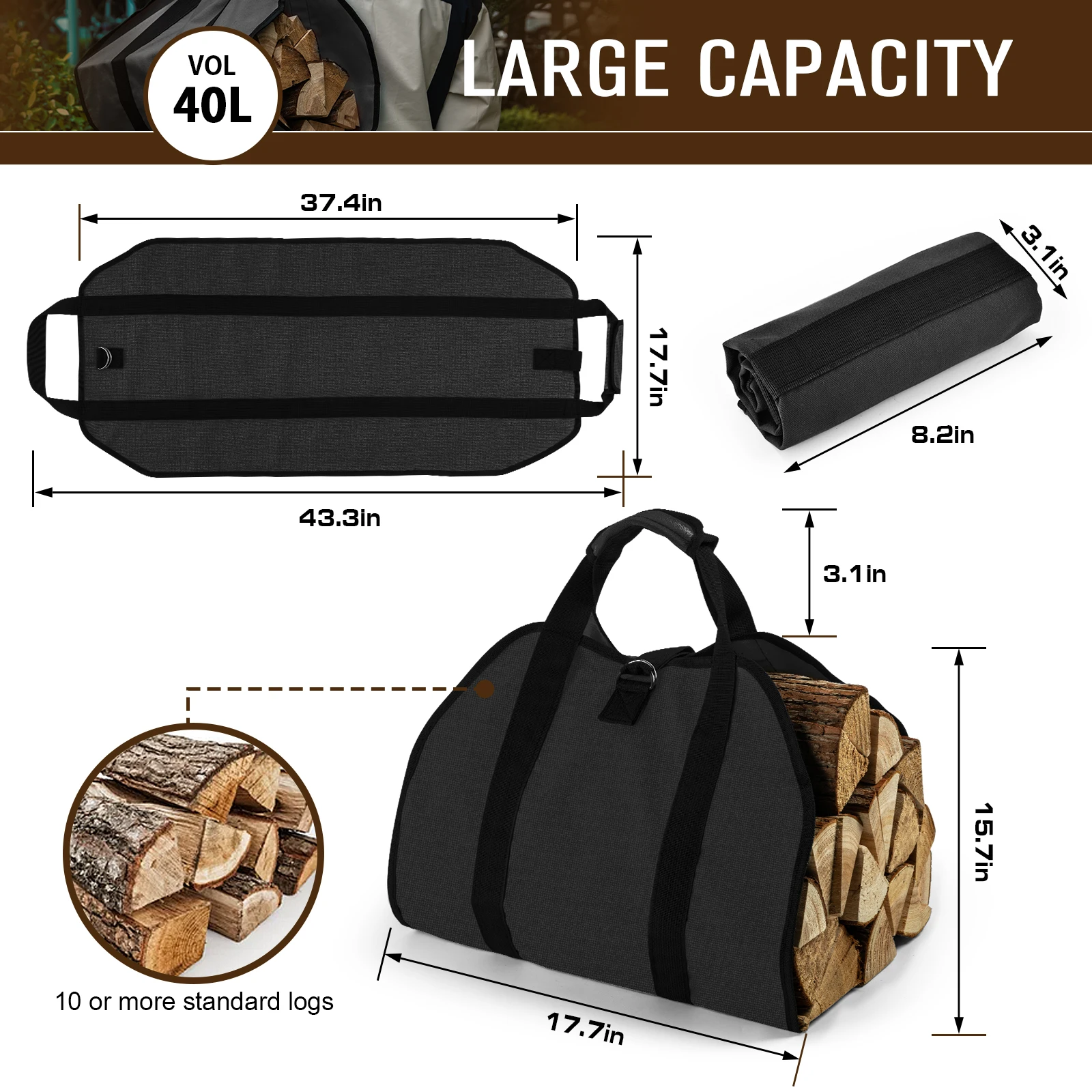 Bolsa para leña Goture, bolsa para leña de 99x48 cm con asas, soporte para leña de lona resistente de 12A para estufa de leña, interior y exterior - imagen 3