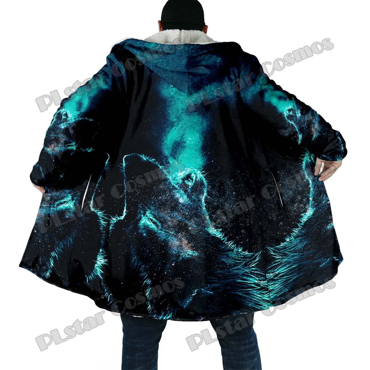 Capa de moda de invierno para hombre, capa con capucha de lana gruesa con estampado 3D de lobo Animal, capa cálida informal Unisex BB54 - imagen 5
