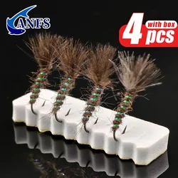ANFS 4 Uds CDC Hares volante de oreja mosca de trucha con caja de mosca, moscas de trucha secas, regalo de pesca con mosca de trucha