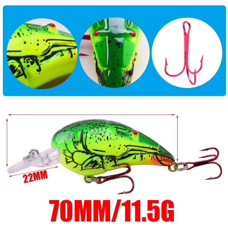 Señuelos de pesca con manivela, pececillo de camarones 3D, 7cm, 11,5g, Wobblers duros flotantes artificiales con 6, 1 ud. #   Aparejos de pesca Carankbait con anzuelo rojo