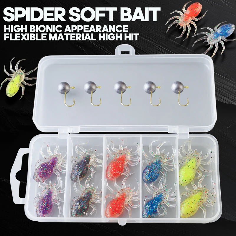 TAIYU 15 unids/set señuelo de araña suave con ganchos caja de almacenamiento cebo de pesca 4 cm/1,3g Micro cebo de araña biónico Artificial aparejos de pesca - imagen 2