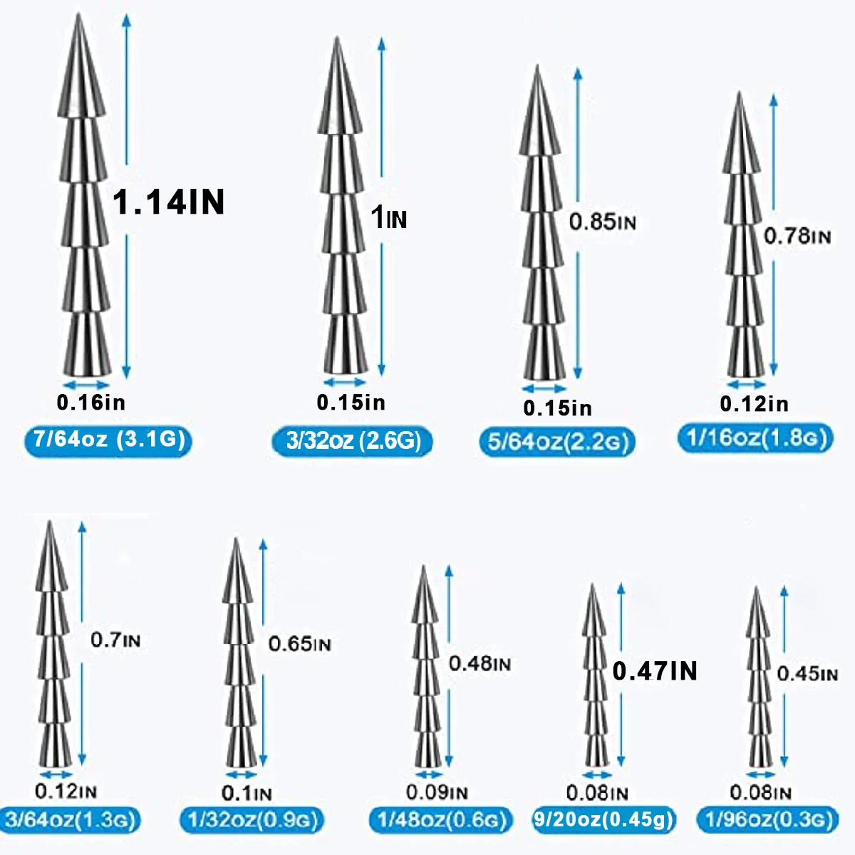 10 Uds. Pesas de tungsteno para uñas, plomos de inserción para señuelos de gusanos blandos, aparejo Neko, aparejo loco, pesas para uñas para aparejos de pesca con señuelo de lubina - imagen 2