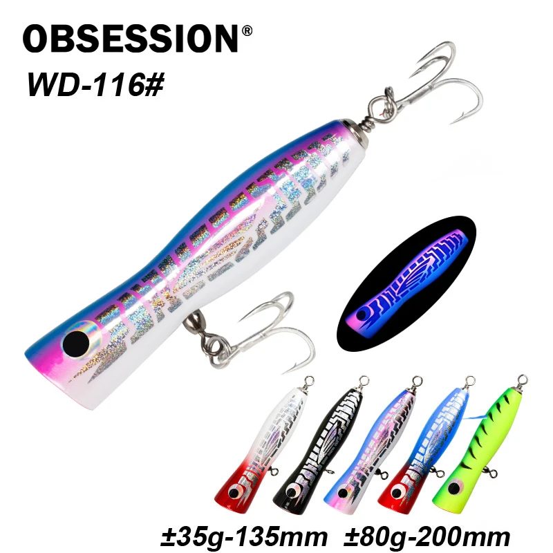 OBSESSION WD116 80g juego grande Trolling madera Popper Casting carpintero señuelo barco de mar Trolling señuelos Topwater cebo de pesca de madera