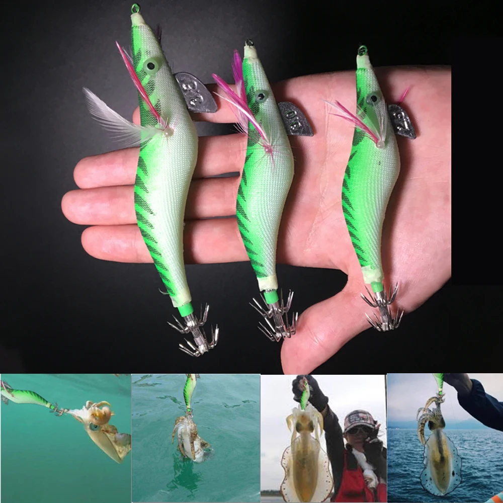 Venta al por mayor, anzuelo de calamar, camarón de madera, anzuelo de calamar, luz nocturna de madera, cebo falso en la carretera, anzuelo doble para pesca de calamar