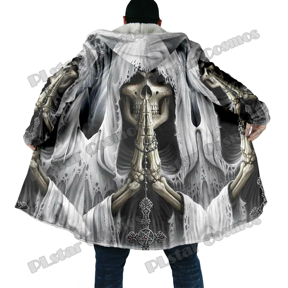 Capa de moda de invierno para hombre, capa con capucha de lana gruesa con estampado 3D de calavera divertida, capa cálida informal Unisex DP48 - imagen 5