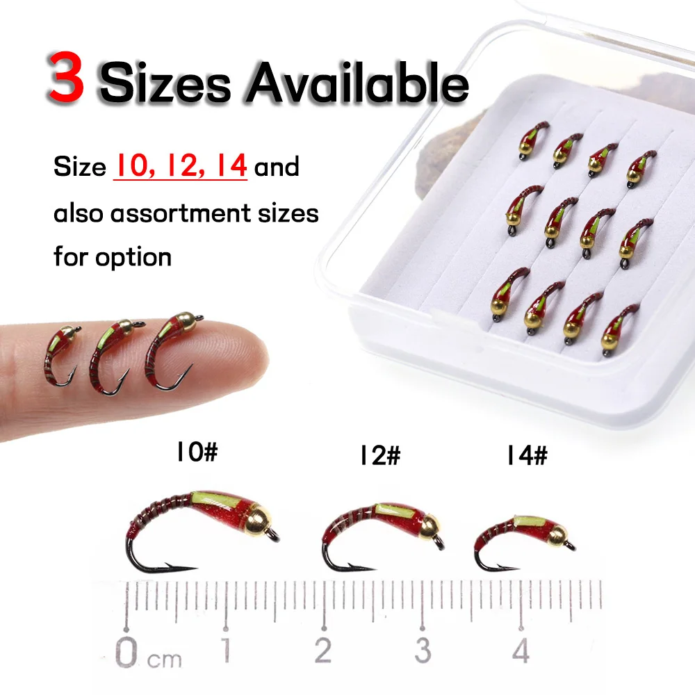 Bimoo-Buzzer de epoxi para pesca en hielo, cabeza de cuentas de latón para pesca con mosca, ninfa, trucha, Carppie, bluelill, 12 unids/caja, 10 #12 #14 # - imagen 3