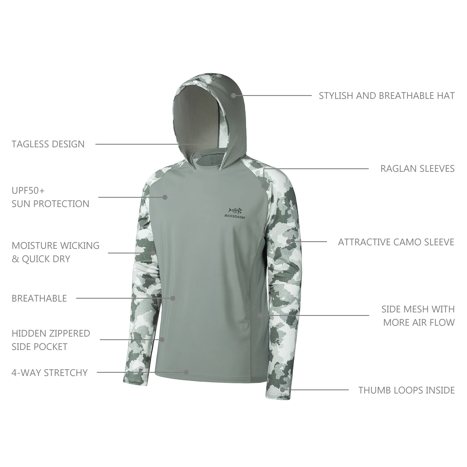 Bassdash Camisa de pesca de rendimiento UPF 50 para hombre Sudadera con capucha refrescante Manga larga de camuflaje FS17M - imagen 4