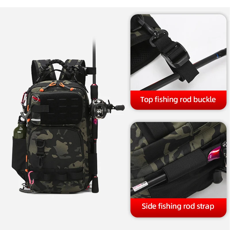 Mochila para señuelos de pesca con soportes para cañas, bolsa de pecho multifuncional Molle, accesorios para cajas de peces grandes, mochila para senderismo al aire libre - imagen 5