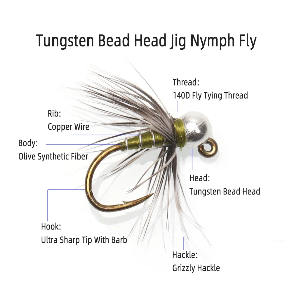 WIFREO 6 uds cabeza de cuentas ponderadas Jig Ninfa mosca Grizzly Hackle oliva Euro Ninfa de hundimiento rápido con púas mosca húmeda trucha Señuelos de Pesca - imagen 3