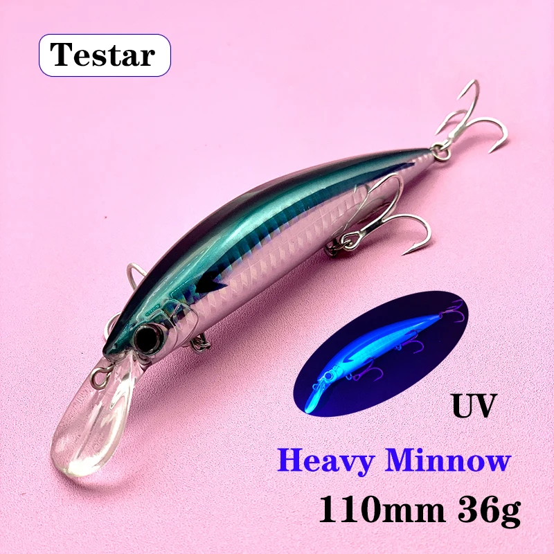 Señuelos de Pesca Testar de 110mm y 36g, cebos de pececillo de hundimiento pesado, Wobblers de fundición larga costera de 110S, Jerkbait láser UV japonés, Pesca de lubina - imagen 2