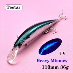 Señuelos de Pesca Testar de 110mm y 36g, cebos de pececillo de hundimiento pesado, Wobblers de fundición larga costera de 110S, Jerkbait láser UV japonés, Pesca de lubina