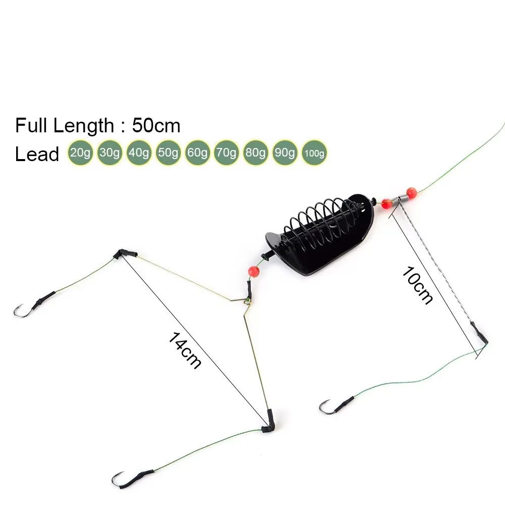 NGB 1 unidad 20G-100G longitud 39CM tres anzuelos jaula para cebo de pesca plomo giratorio con ganchos de línea para alimentador de carpa - imagen 3