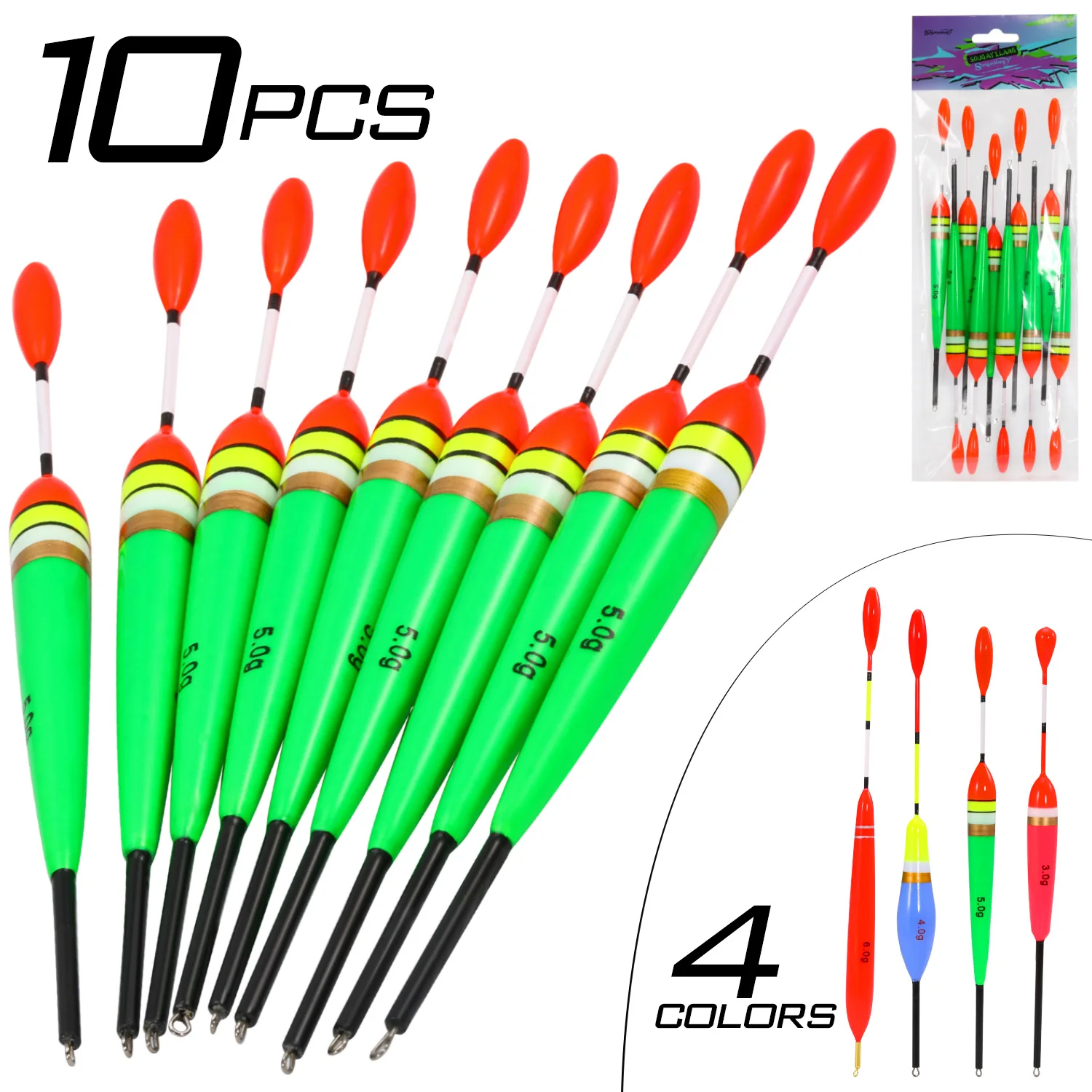 Sougayilang-Juego de flotadores de Pesca EVA, 10 unidades, 3-6g, flotador Vertical, cebo multifuncional, 4 colores, señuelo, aparejos de Pesca