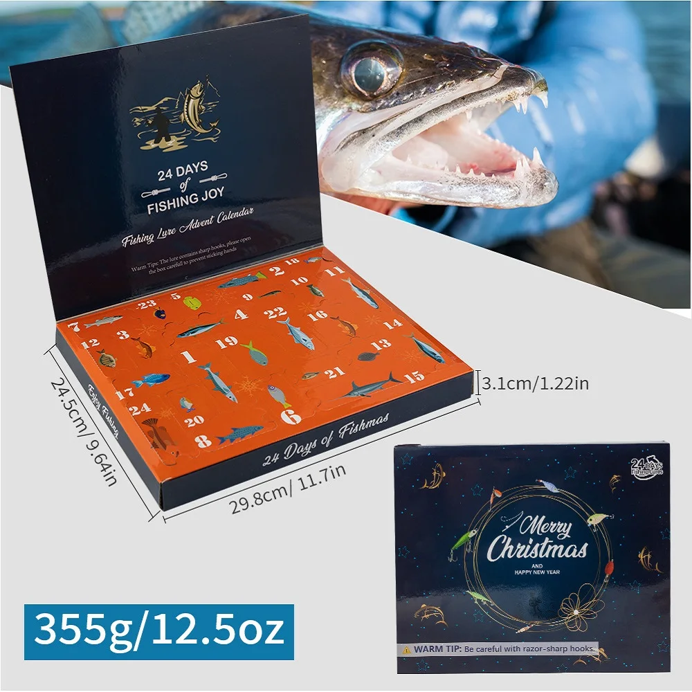 Juego de pesca con caja ciega navideña, 24 Uds., para entusiastas de la pesca, lápiz, cebo suave, placa de hierro, regalo brillante