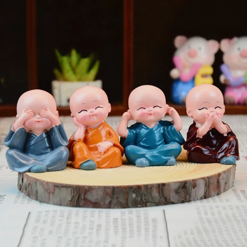 4 unids/set artesanías de resina regalo pequeñas esculturas de monje lindo monjes estatuas de Buda muñecas de Buda creativas decoración de mesa de coche - imagen 2