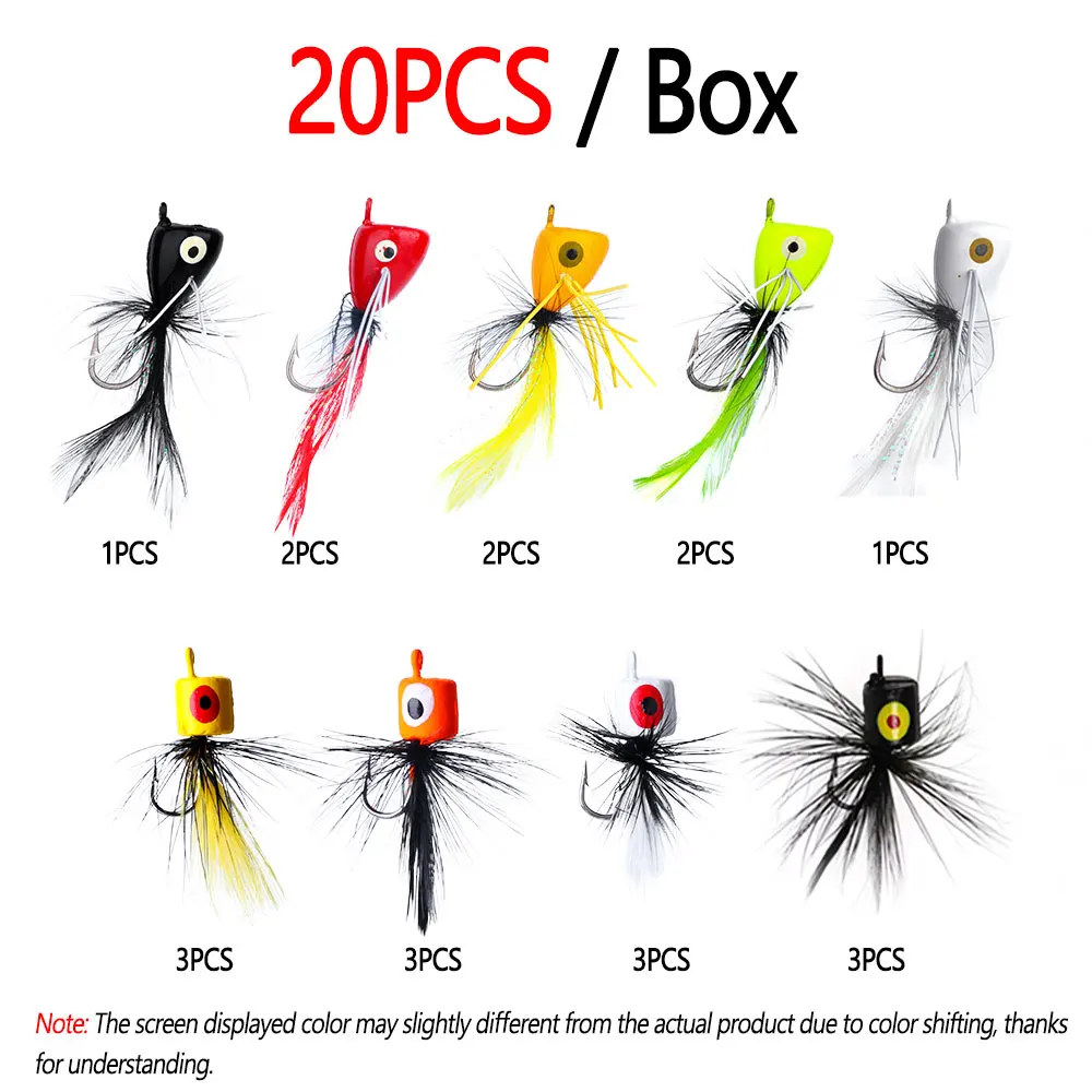 Bimoo 20 unids/caja Topwater pesca con mosca Poppers Kit cebos de insectos artificiales moscas secas flotantes insectos lubina trucha salmón señuelo de pesca - imagen 2