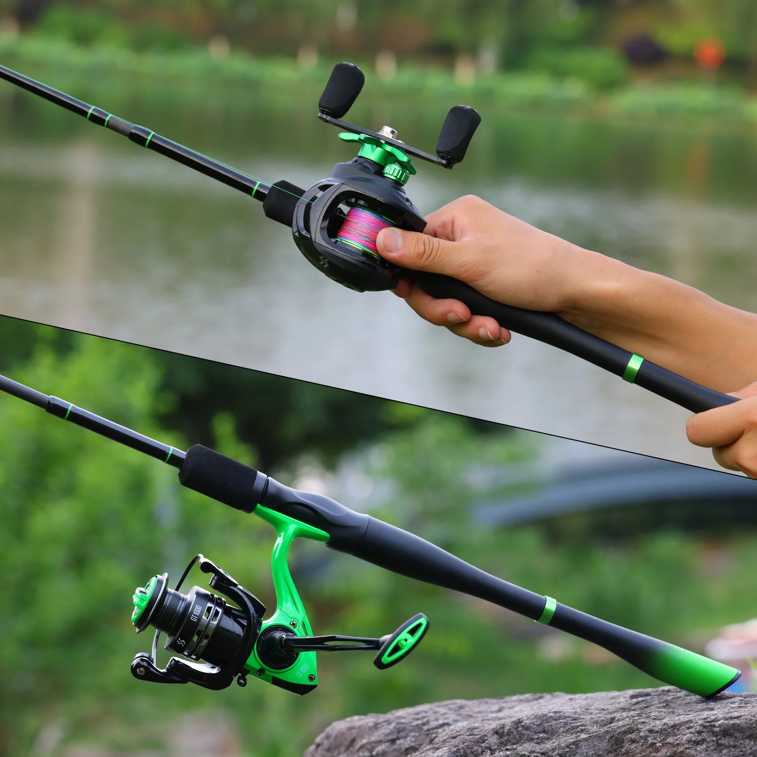 Sougayilang 1,8 m-2,4 m caña de pescar giratoria de fibra de carbono 5 secciones caña de pescar carpa de agua dulce Lucio aparejos de pesca de lubina - imagen 5