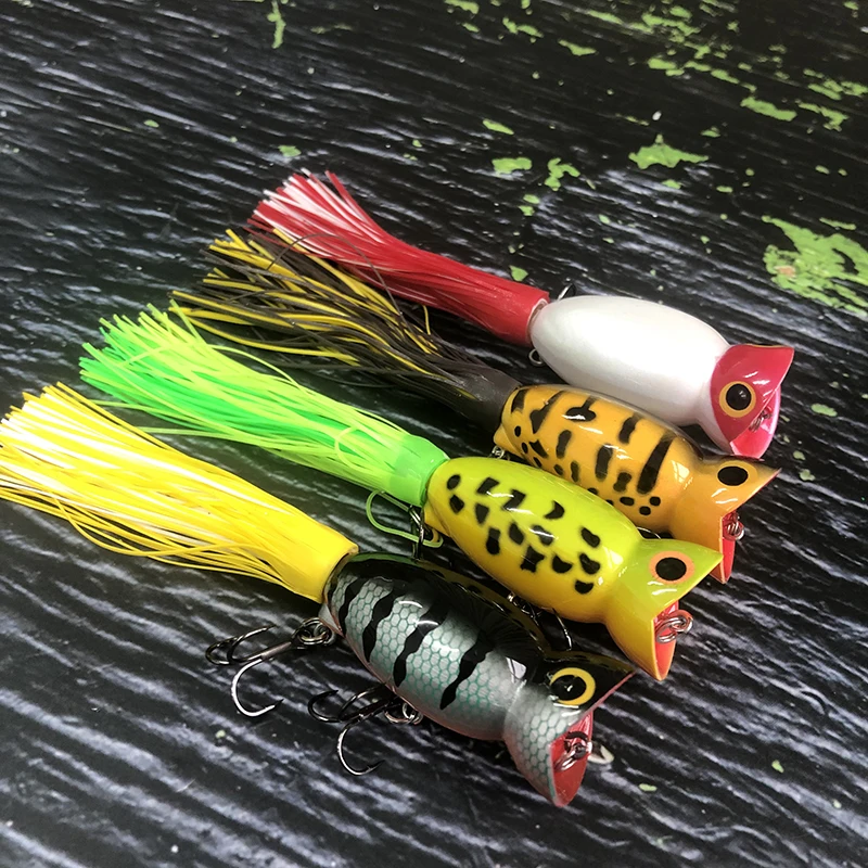 Mini señuelo Popper de superficie de 50mm y 11g para pesca en agua salada, Wobblers, cebo duro Artificial, Rana con aparejos de colas de colores - imagen 3
