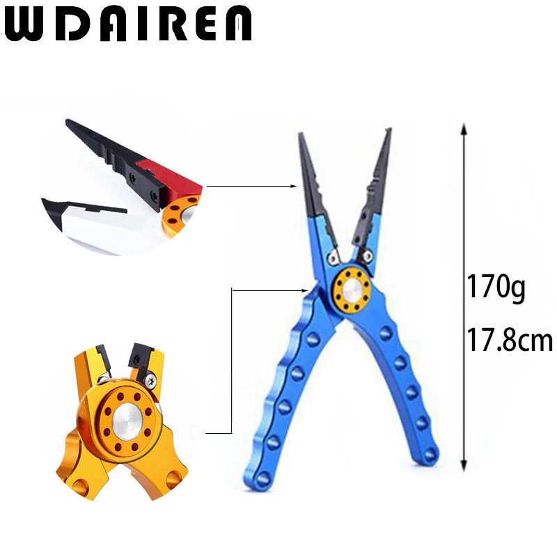 WDAIREN-Alicates de pesca de aleación de aluminio + cuerda de retención, removedor de anzuelos, cortador de línea, herramientas de pesca multifuncionales, WD-043, 120g, 17,5 cm - imagen 5