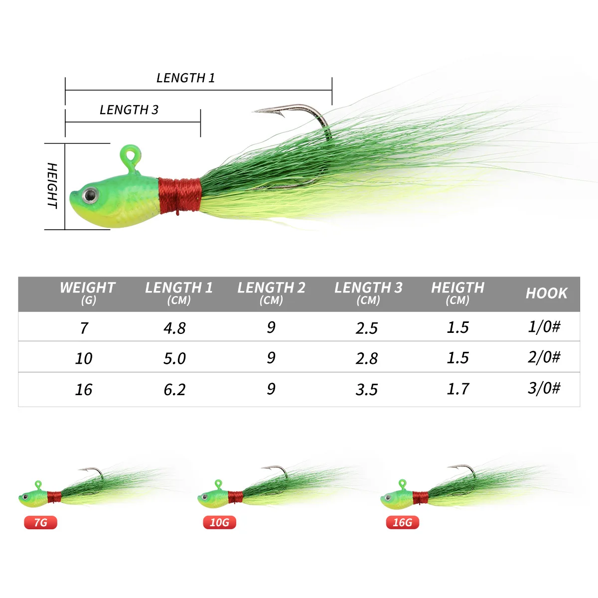 1 unidad de anzuelos Bucktail, anzuelo para cabeza, cebo suave que se hunde, 7g, 10g, 16g, anzuelo de plumas de pelo de ciervo, señuelo de Jigging para Bar, Lucio, Pesca - imagen 2
