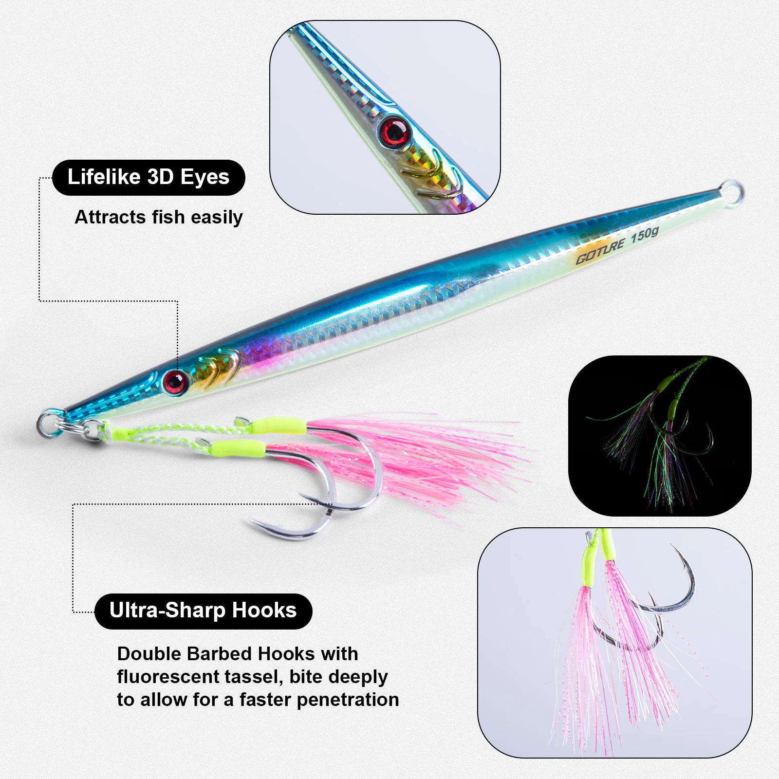 Goture-Señuelos de pesca de mar, señuelo de fundición larga, diseño de anzuelo doble, cebo Artificial, cuchara, aparejos de pesca, 150g200g300g350g - imagen 3