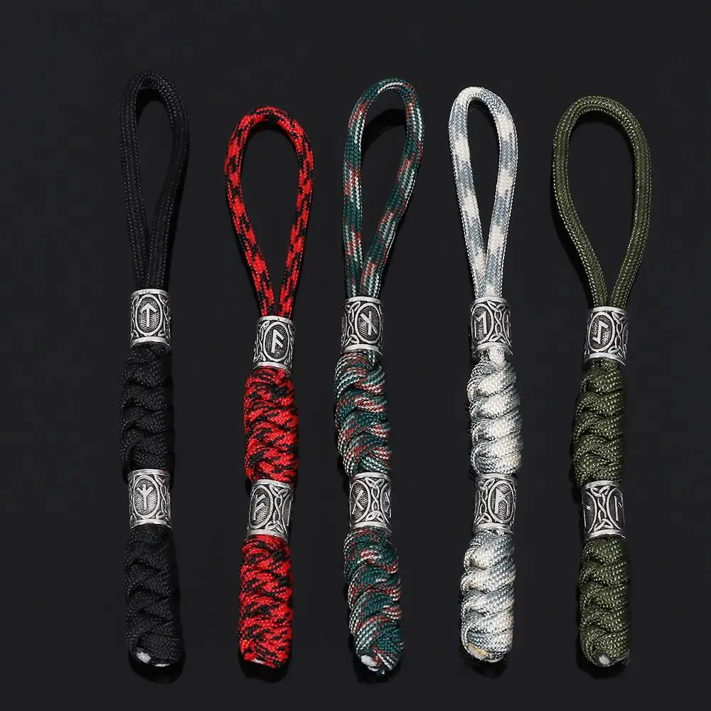 Kit de supervivencia al aire libre de 15cm, joyería de la suerte, llavero de coche, dijes, cuentas de runas, llavero de cordón de paracaídas