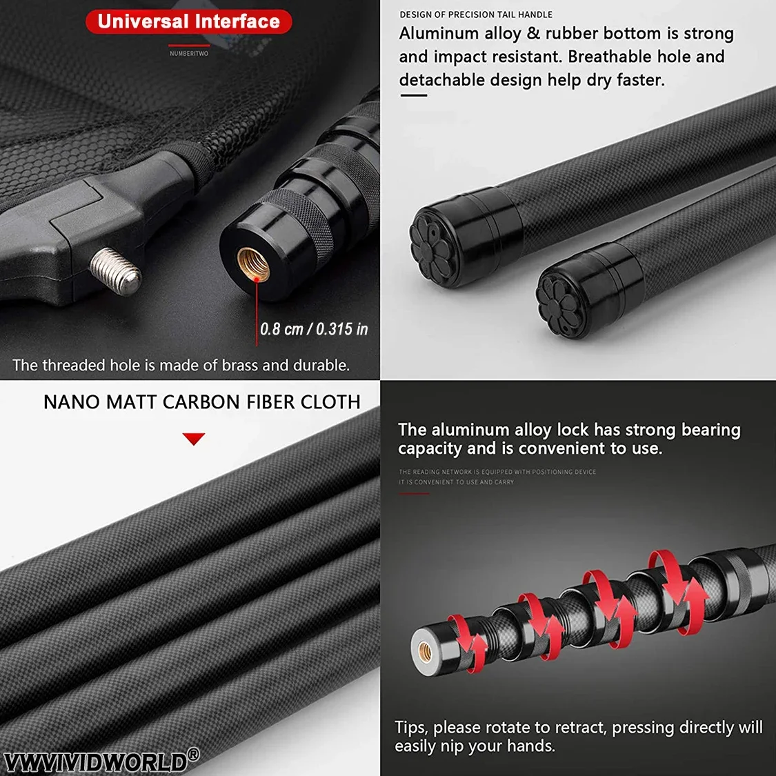 VWVIVIDWORLD, Red de aterrizaje plegable portátil de fibra de carbono, ultraligera, ultra duradera, extendida de 1,8 m-3,45 m, Red de captura - imagen 3